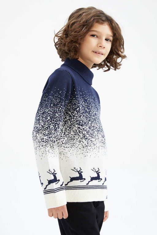 Свитер с воротником на рождественскую тематику для мальчика - Defacto фото 4
