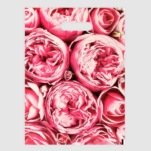 Цена за 50 шт. Пакет полиэтиленовый с вырубной ручкой Пионы, розовые, 30?40 см, 50 мкм