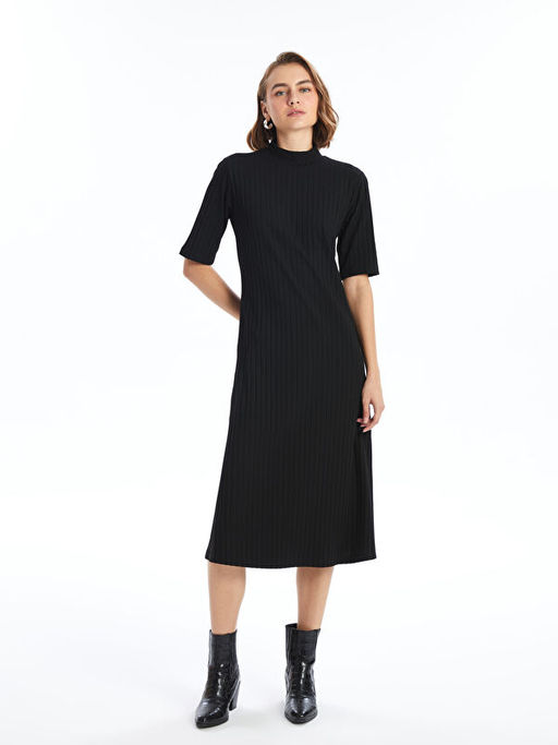 Dik Yaka D?z K?sa Kollu Elbise