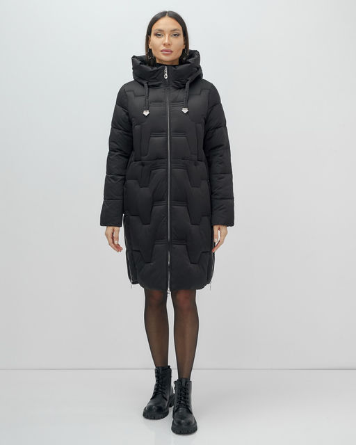 Пальто зимнее утепленное с капюшоном женское черного цвета 7638Ch - Visdeer фото 14