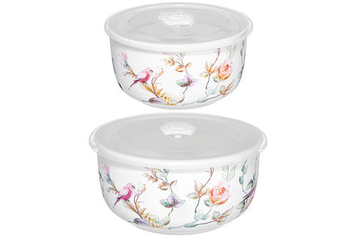 Набор 2 салатников 1 л 16*16*8 см + 500 мл 13,5*13,5*7 см Певчие птички с крышками, NEW BONE CHINA - Elan gallery фото 9