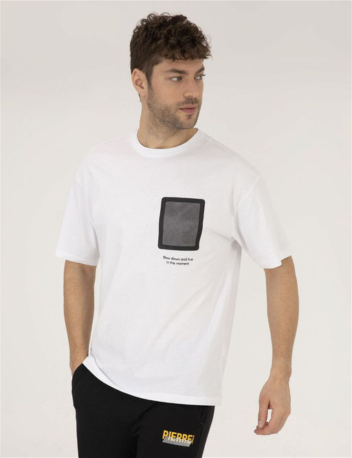 Beyaz Comfort Fit Bask_l_ Bisiklet Yaka Ti__rt