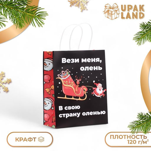 Пакет бумажный подарочный новогодний крафт, «Вези меня» , 27×21×11 см