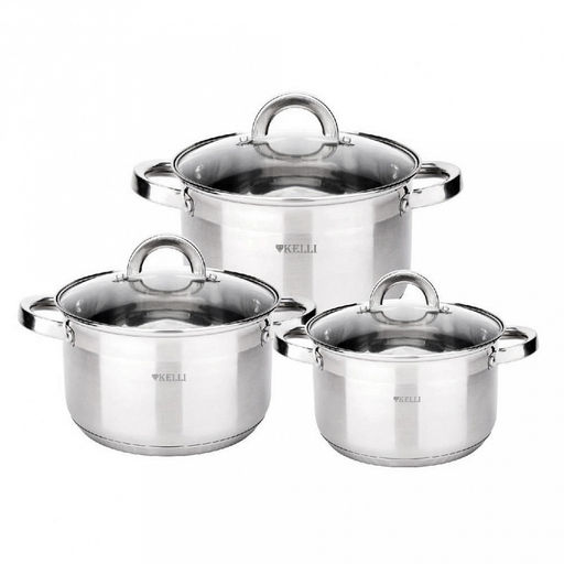 Набор посуды из нержавеющей стали "Kelli" 3 предмета: кастрюля 2,1л - д16см, 2,8л - д18см, 3,8л - 20см, стеклянная крышка, пароотвод, клепаные ручки, 5-ти слойное капсульное дно, цветная коробка (Китай) Подходит для всех видов плит.