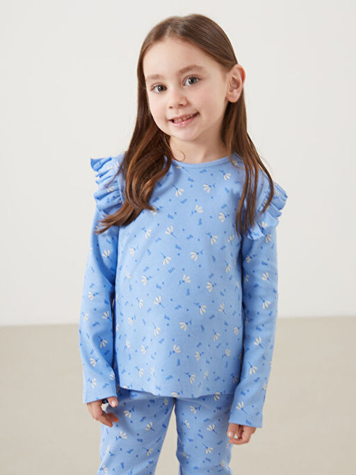 Bisiklet Yaka ?i?ekli K?z ?ocuk Bluz ve Tayt 2li