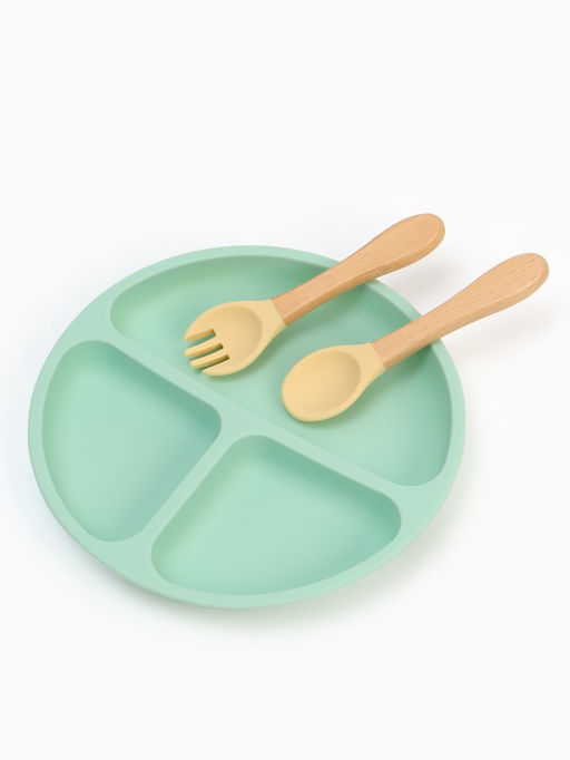 Тарелка детская секционная с ложкой и вилкой, 3 секции, бирюзовый, Mum&Baby