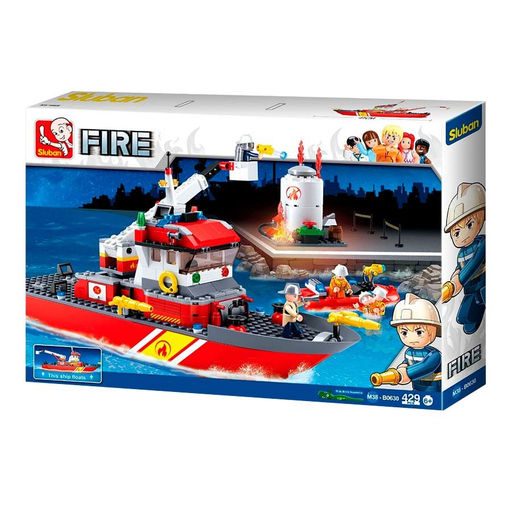 Конструктор SLUBAN 429 дет. "Пожарный катер (плавающий!) тушит нефтебазу" (М38-В0630) выдв. поворот. вышка, +лодка и 5 пожарников, в коробке