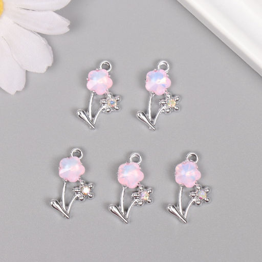 Цена за 5 шт. Декор для творчества металл, стразы «Цветочки», серебро, розовый, 2.2×1.3×0.5 см