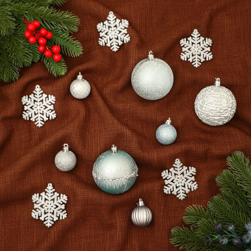 Ёлочные игрушки, набор 30 шт., Торжество, d=7 и 3.5 см, снежинка-6.5 см, серебро/голубой - Зимнее волшебство фото 2