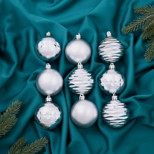 Ёлочные игрушки Астрид полоски, шары новогодние, d=6 см, набор 9 шт., серебро