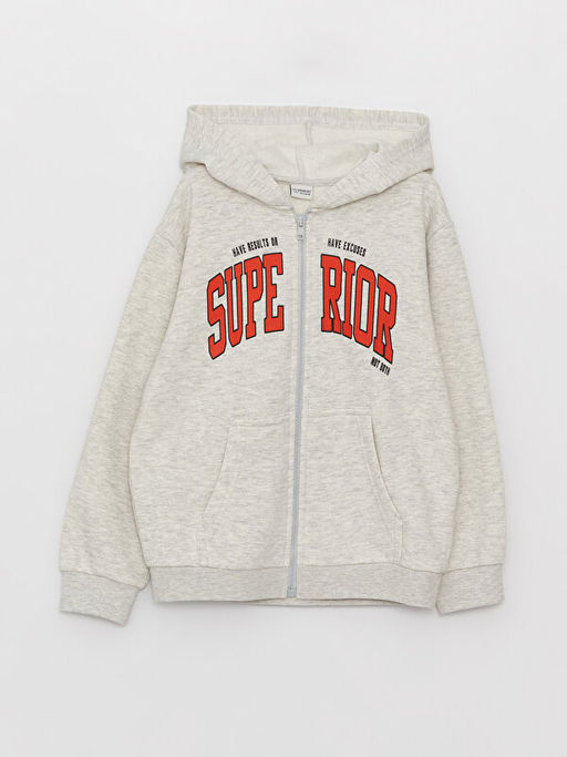 Kap??onlu Bask?l? Uzun Kollu Erkek ?ocuk Fermuarl? Sweatshirt