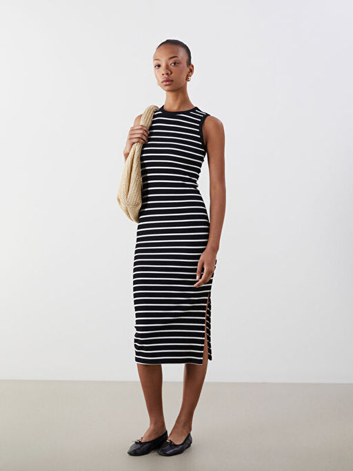 Bisiklet Yaka ?izgili Bodycon Elbise