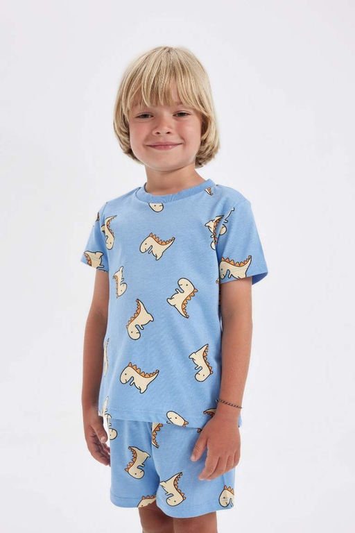 Пижамный комплект из чесаного хлопка с короткими рукавами и шортами для мальчика с принтом динозавров - Defacto фото 3