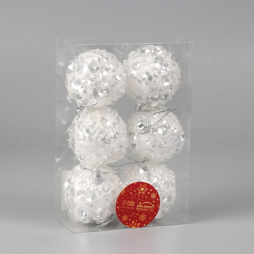 Ёлочные игрушки Альваро, шары новогодние, d=6 см, набор 6 шт., пайетки, белый - Зимнее волшебство фото 2