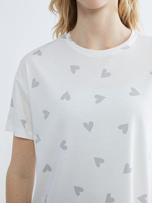 Bisiklet Yaka Kalp Bask?l? Kad?n Pijama ?st?