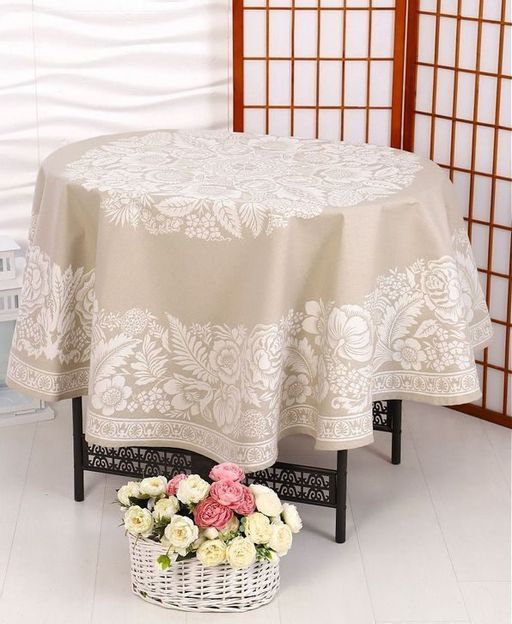 Скатерть Премиум круглая Лесной букет-бежев. D 178 см. п/лен - Лен поволжья фото 2