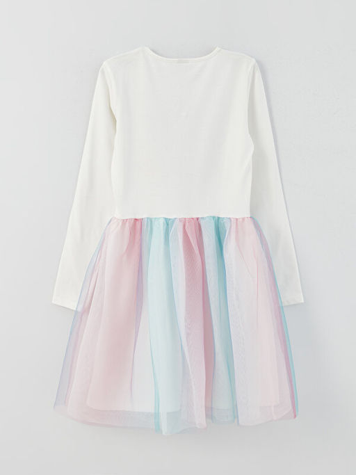 Bisiklet Yaka Bask?l? Uzun Kollu K?z ?ocuk Elbise