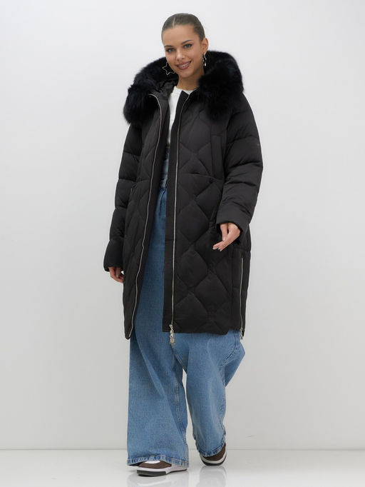 Пальто зимнее утепленное с мехом и капюшоном тренд черного цвета 7753Ch