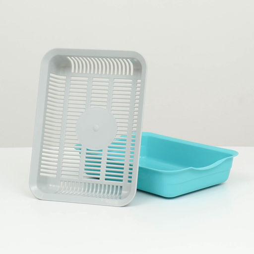 Туалет для кошек, 34.5×25.5×7.5 с, с сеткой, пластик, серый, бирюзовый