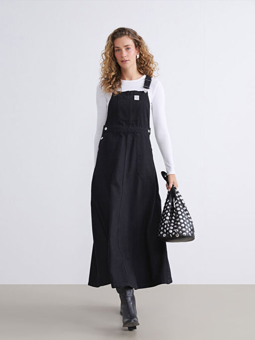 Kare Yaka Jean Salopet Elbise