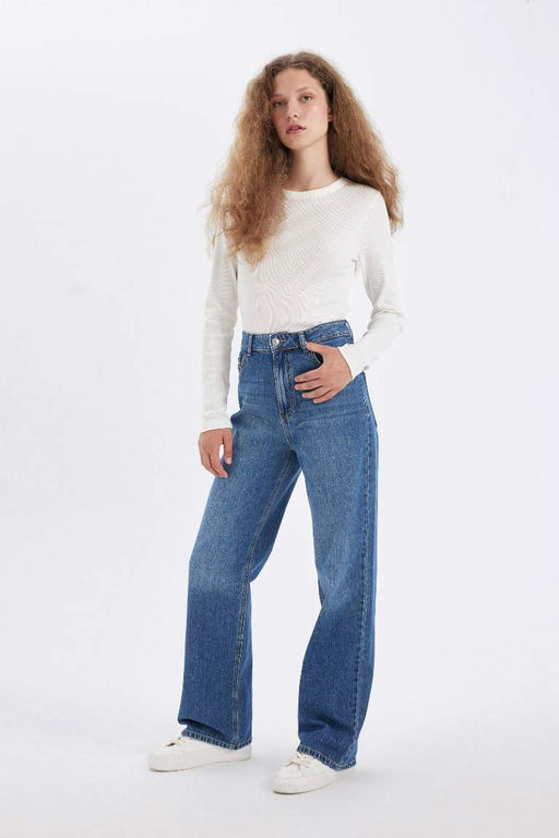 Длинные джинсовые брюки с широкими штанинами и высокой талией в стиле 90-х - Defacto фото 3