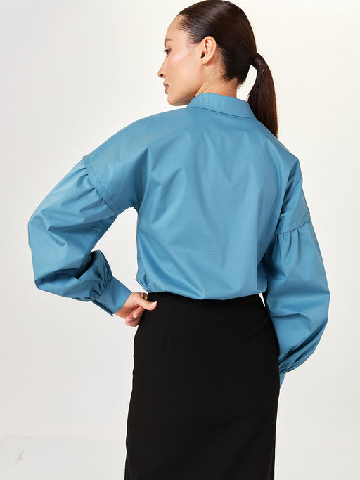 Рубашка блузка с пышным рукавом 100% хлопок голубой - Tantino фото 11