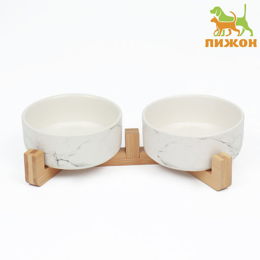 Миски керамические двойные на подставке 2450 мл 28.515.57 см, мрамор - Пижон фото 2