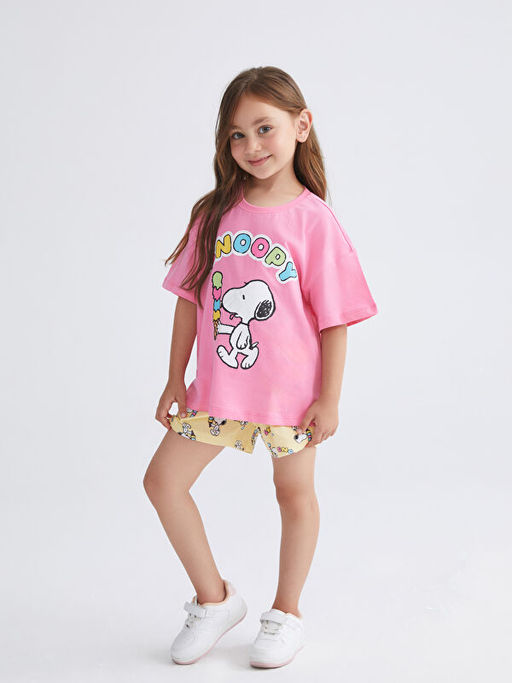 Bisiklet Yaka Snoopy Bask?l? K?z ?ocuk ?ortlu Pijama Tak?m?