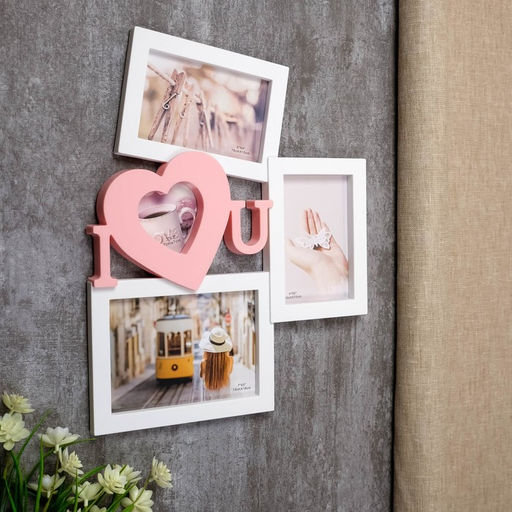 Фоторамка - коллаж на 4 фото 9?9, 10?15, 13?18 см Я люблю тебя, пластик, мультирамка, белая с розовым, 39.5?32 см