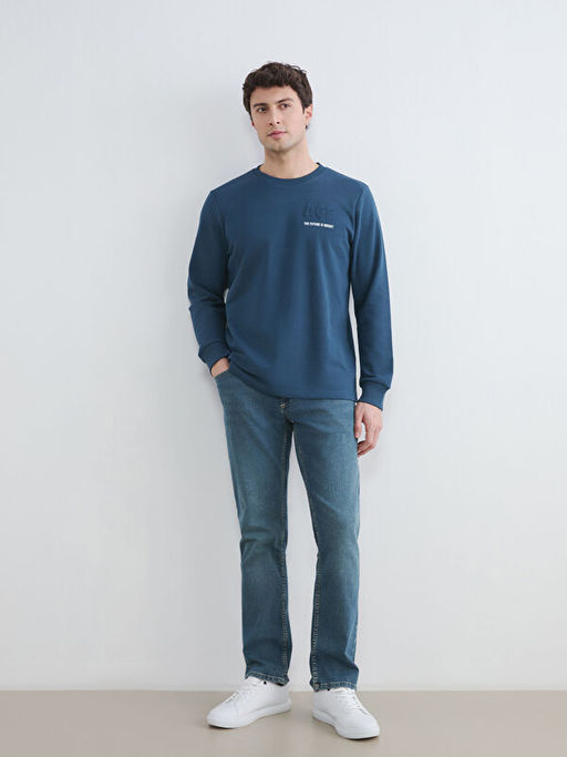 Bisiklet Yaka Bask?l? Erkek Sweatshirt