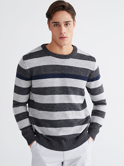 Bisiklet Yaka ?izgili Erkek Triko Kazak