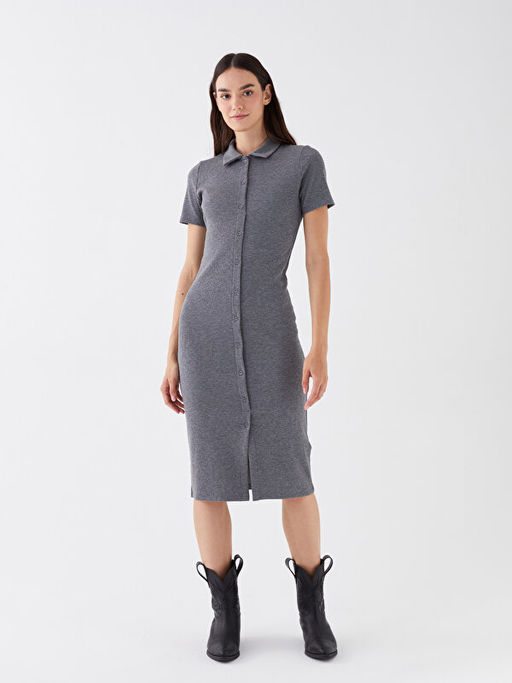 G?mlek Yaka D?z K?sa Kollu Kad?n Bodycon Elbise