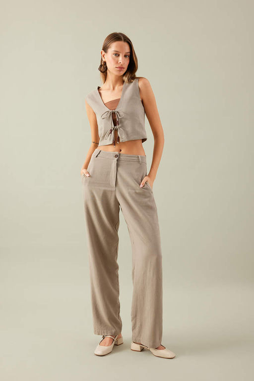 Широкие длинные брюки прямого кроя с карманами и высокой талией из смесового льна - Defacto фото 2