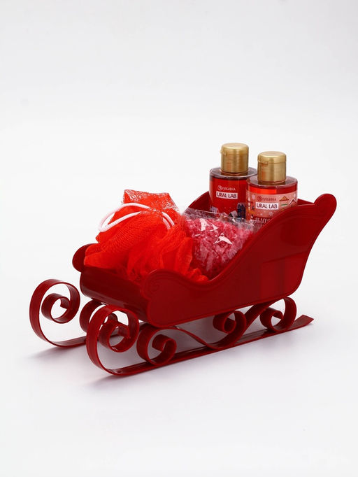 Подарочный набор новогодний в санях: 2 геля для душа, соль для ванны и мочалка, URAL LAB