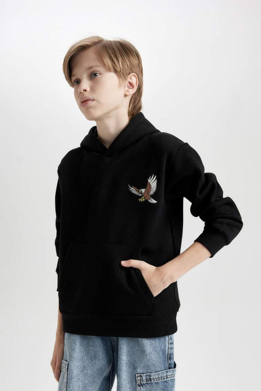 Черная толстая толстовка обычного кроя с капюшоном и принтом животных для мальчиков - Defacto фото 4