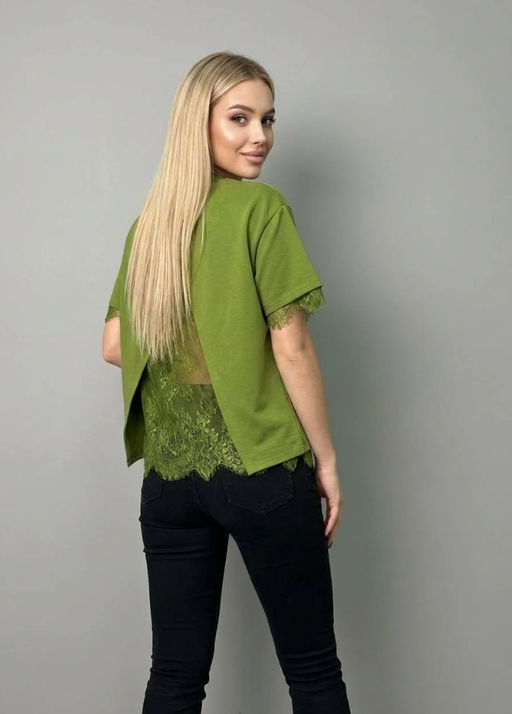 K13425 Футболка с кружевом OVER SIZE (хлопок) ЗЕЛЕНЫЙ