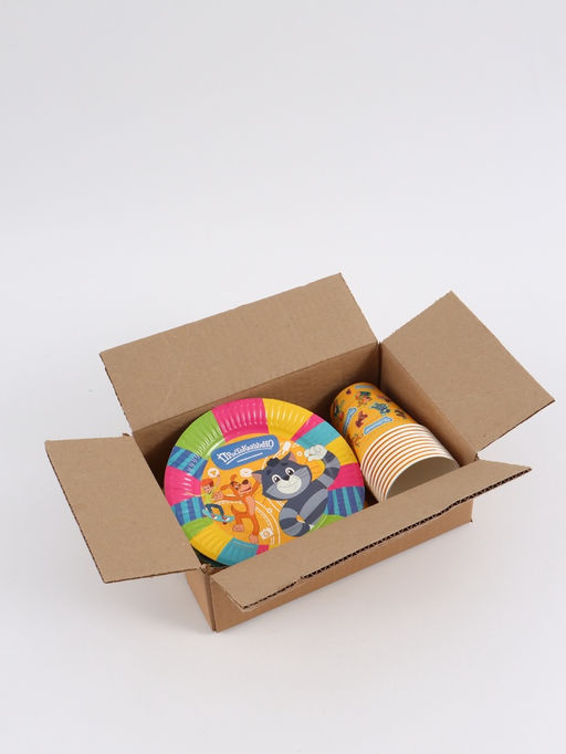 Посуда одноразовая бумажная на 10 персон «Простоквашино»: стаканы, тарелки, скатерть, Союзмультфильм