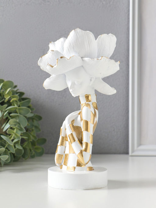 Бюст полистоун «Девушка с белым цветком, в клетчатом наряде», бело-золотой, 11×11×20 см