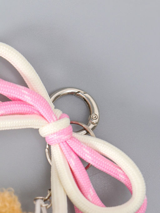 Брелок текстиль "Мишка с бело-розовым бантиком" бежевый 6х9,5х20 см