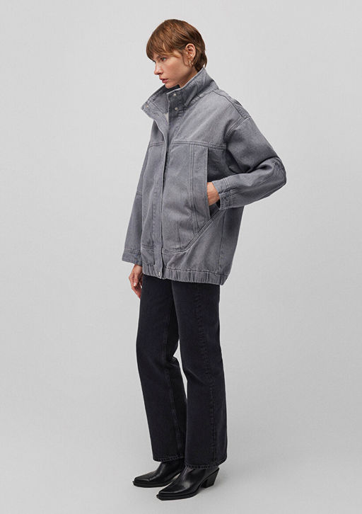 Dik Yaka Gri Denim Ceket - Mavi фото 2