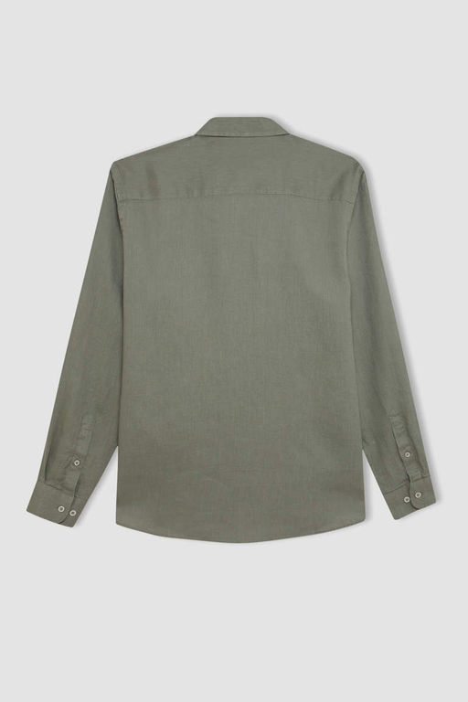 Льняная рубашка стандартного кроя с воротником поло и длинными рукавами - Defacto фото 3