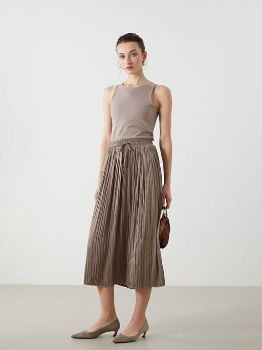 Beli Lastikli Saten Kad?n Pileli Etek