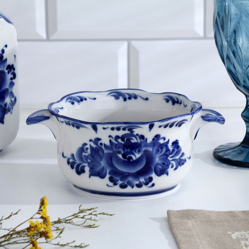 Бульонница с ручками Рябинушка H=7 см, 0.45 л, фарфор, гжель