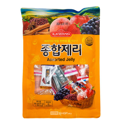 Желейные конфеты Ассорти (персик, апельсин, клубника, виноград, корица, красная фасоль) Assorted Jelly Ilkwang, Корея, 280 г Акция