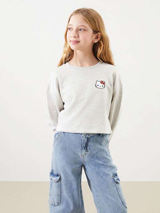 Bisiklet Yaka Hello Kitty Bask?l? K?z ?ocuk Sweatshirt