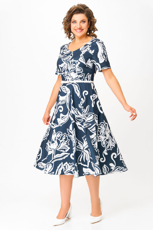 Платье Swallow 856 глубинно--синий в белый принт цветы  фото 5