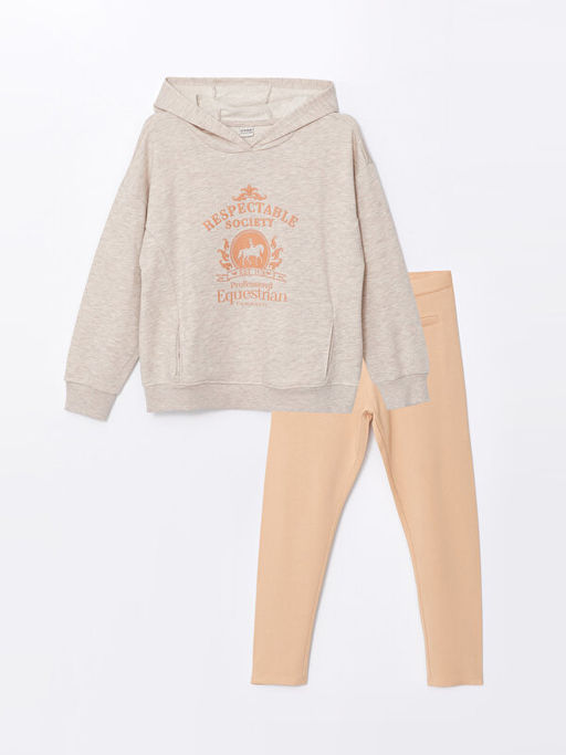 Kap??onlu Bask?l? K?z Bebek Sweatshirt ve E?ofman Alt 2li Tak?m