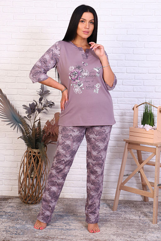 Пижама с брюками футер с начёсом, принт, кофе (945-2) - Плиона фото 3