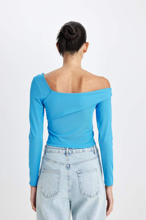 Женская приталенная футболка с открытыми плечами и длинными рукавами - Defacto фото 6