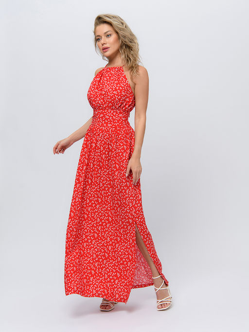 Платье красного цвета длины макси без рукавов с фигурным вырезом - 1001dress фото 3